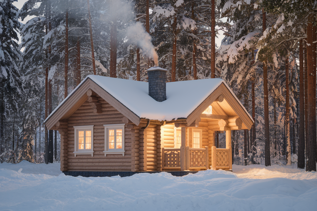 cabane-bois-neige-pins