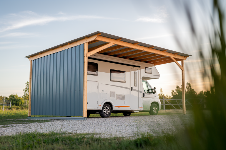 carport-bois-metal-campingcar-pelouse