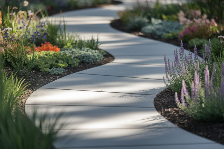 chemin-beton-jardin-fleuri-verdure